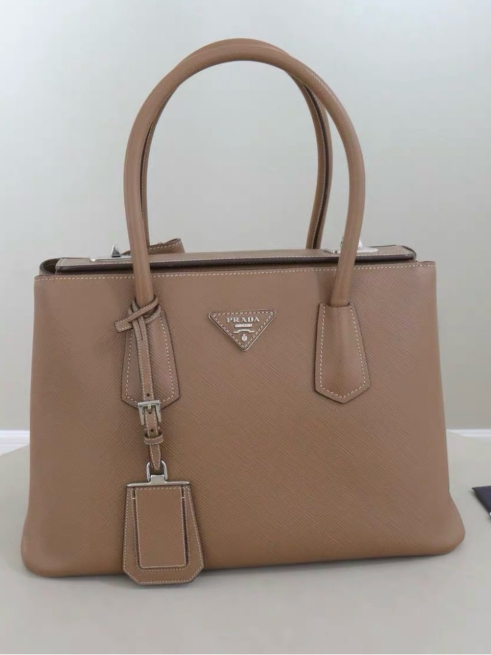 Prada Saffiano Leather Satchel in Beige Taupe
